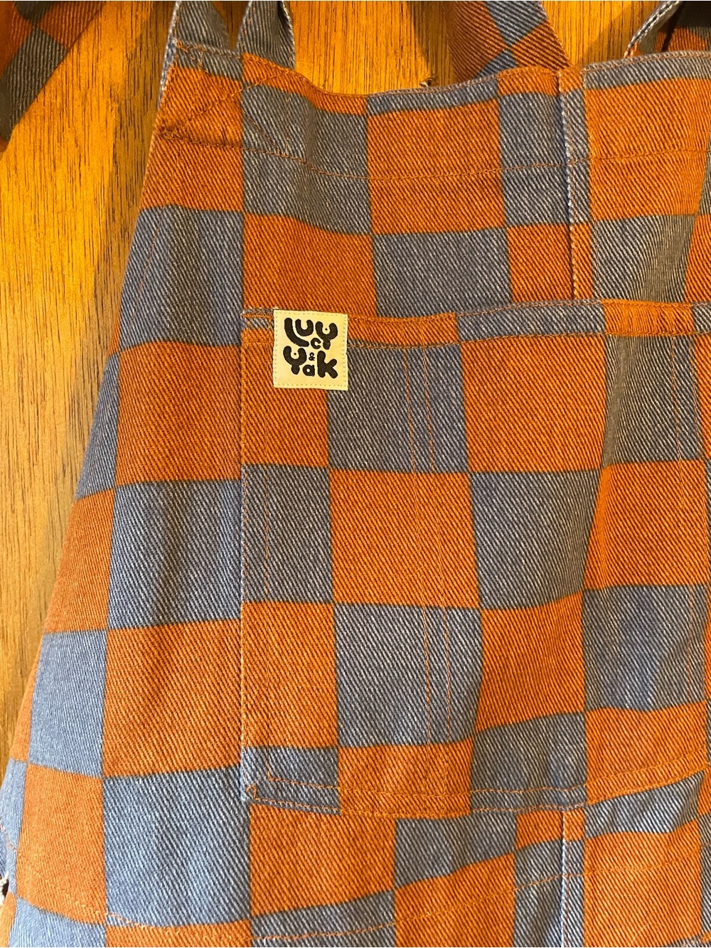 Lucy & Yak Checkerboard Tie-Strap Overalls - Blue & Brown - Picture 4 of 8